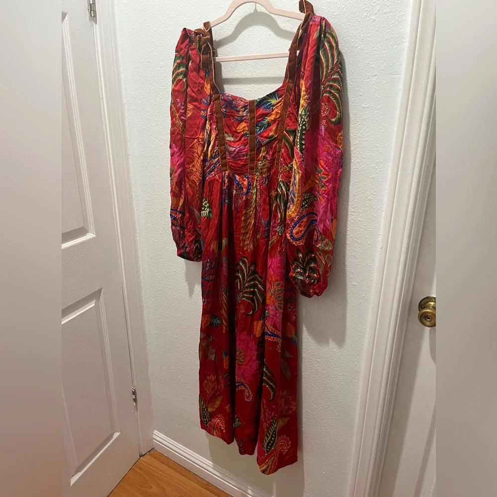 Farm Rio Floral Red Midi Dress sz M FLAWED - Picture 3 of 14